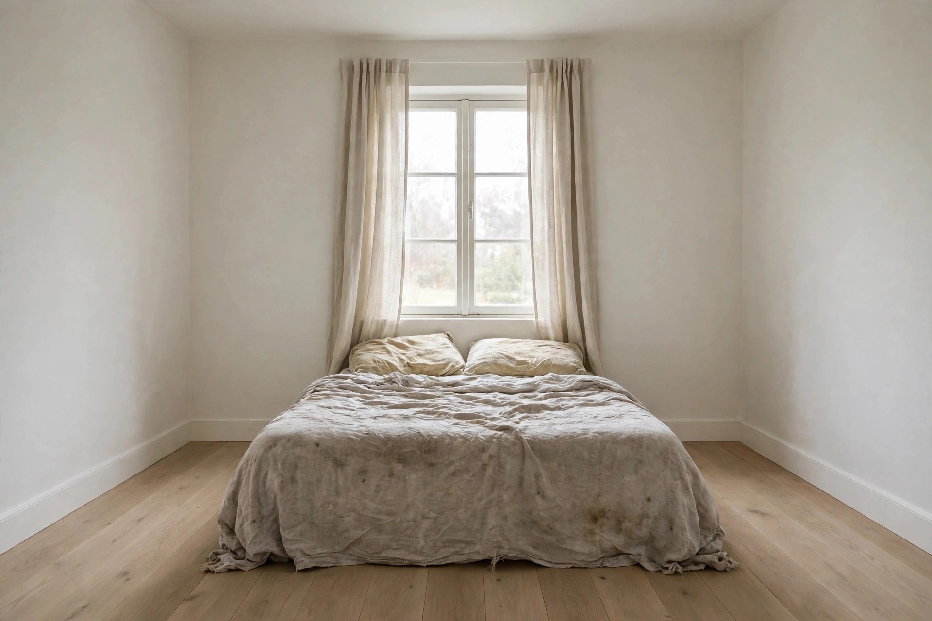 Same bedroom with old worn bedding